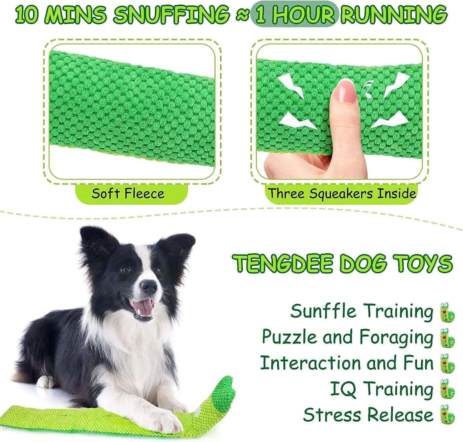 Squeaky dog puzzle snuffle toy that transforms into snail or stick shape for foraging games.