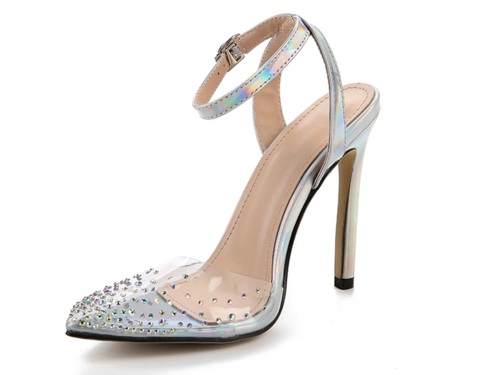Women's pointed toe diamond sandals with stiletto heels and adjustable ankle strap