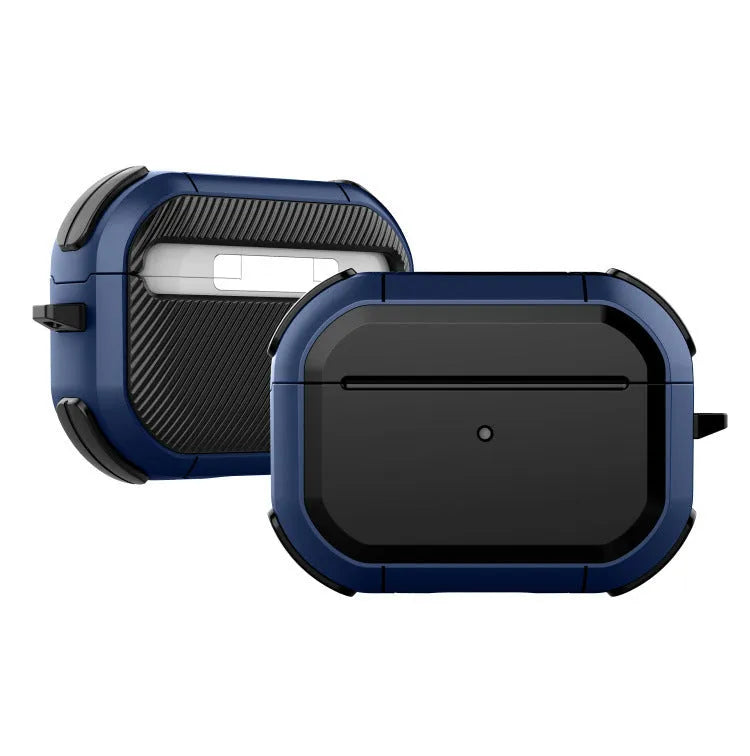 Black TPU and PC protective shell case for Apple AirPods 1, 2, and Pro charging case.