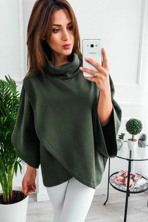 Women's longline batwing sleeve cardigan in a fleece-lined cotton blend, shown with three-button front and contrast stitching.