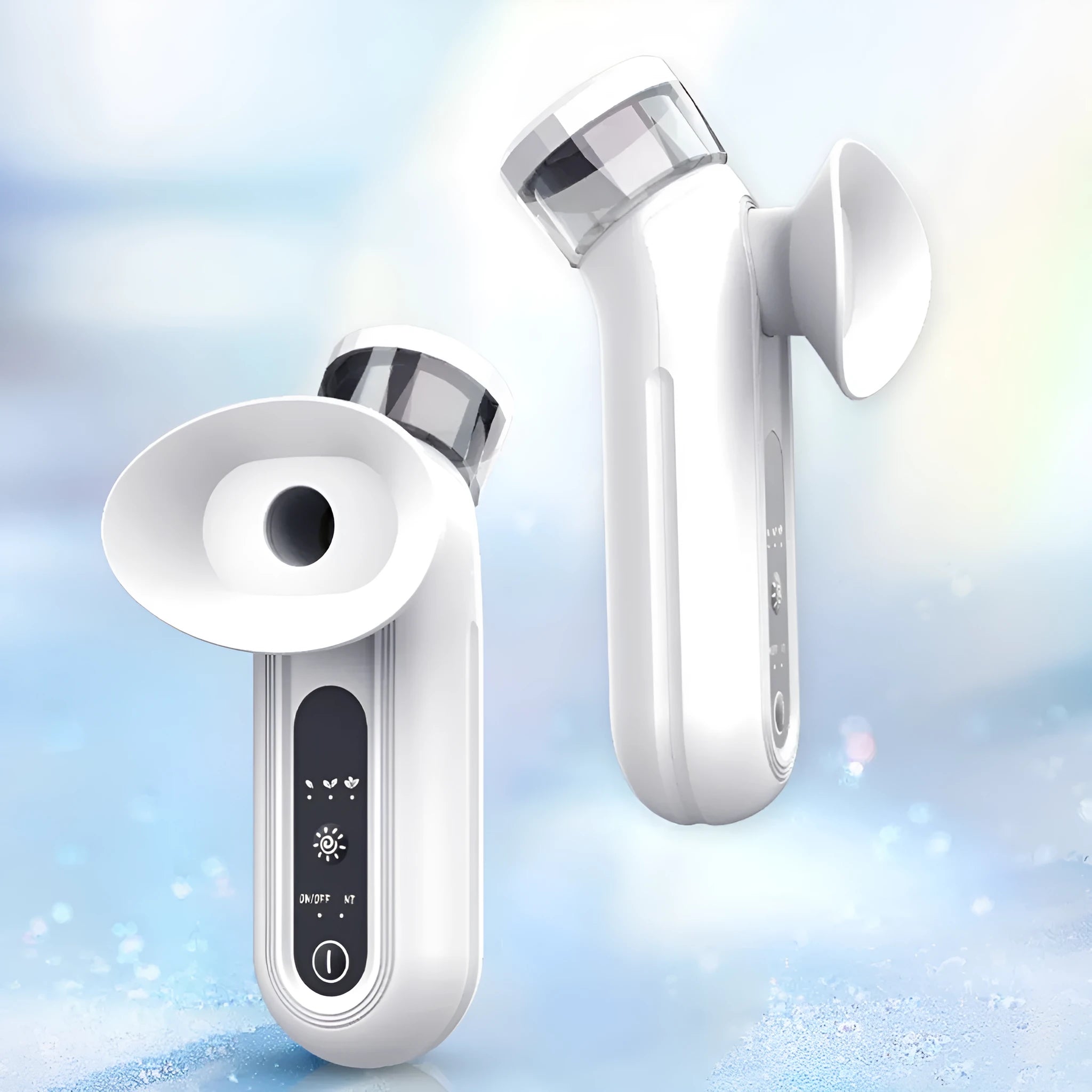 White portable rechargeable warm eye compress device and eye mask set on a table.
