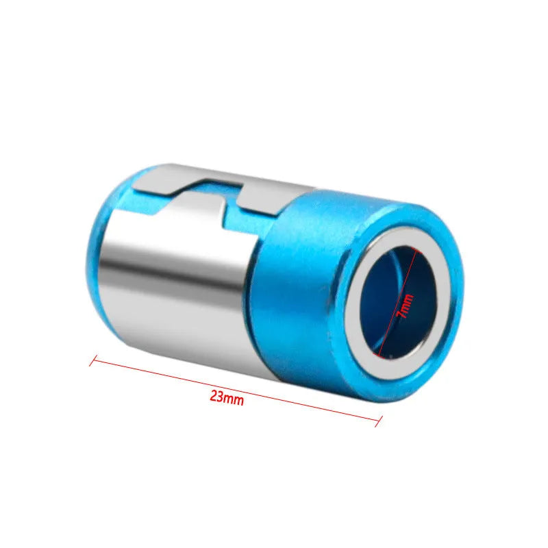 Light blue screwdriver bit with magnetic ring in high carbon steel, showing patterned and smooth ring designs