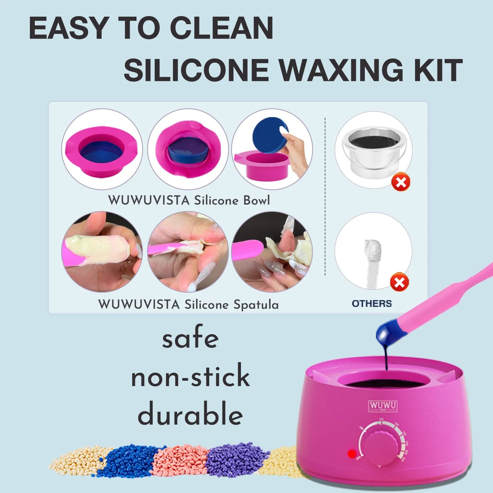 Waxing kit with 63 pieces including wax warmer, wax beans, wax sticks and lotion in black or pink colour
