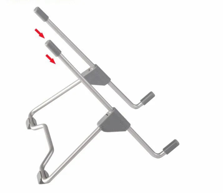 Grey adjustable aluminium and plastic stand holding a mobile phone and a laptop.