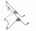 Grey adjustable aluminium and plastic stand holding a mobile phone and a laptop.