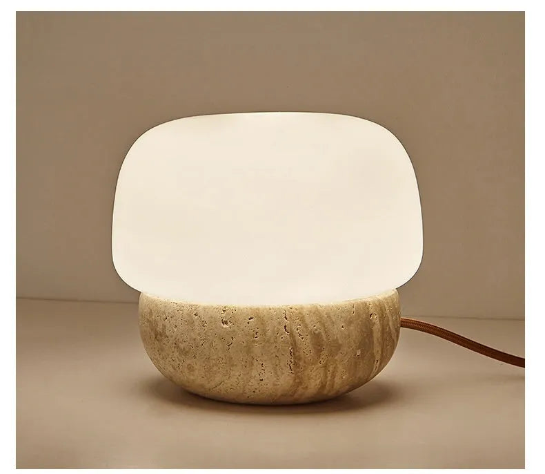 Cream coloured retro style bedside lamp with button switch, measuring 18x17cm