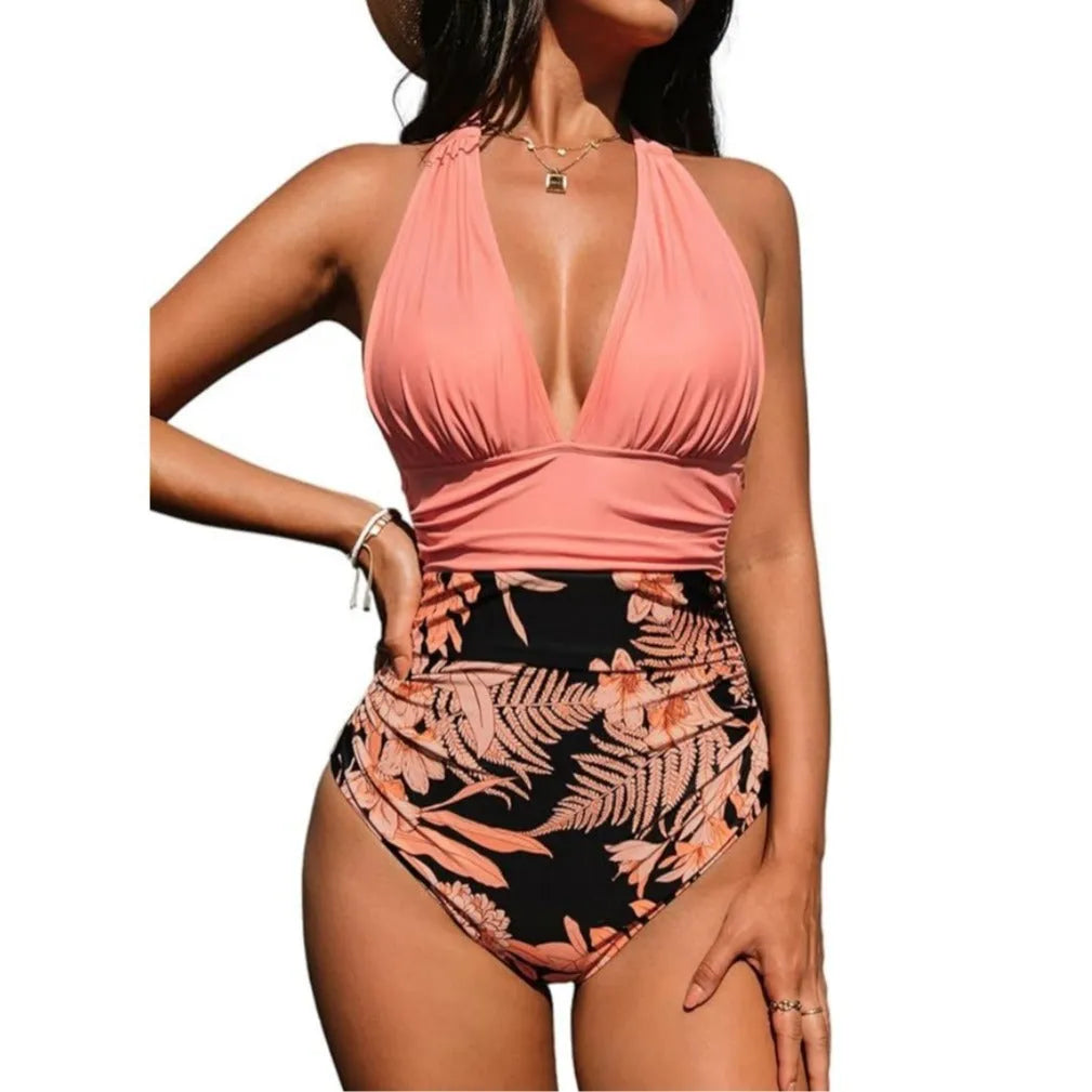 Women's halter neck one-piece swimsuit in quick-dry polyester fabric shown in multiple colour options