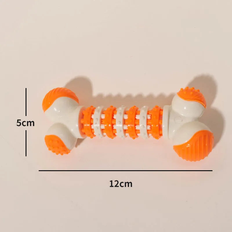 Blue orange red bone-shaped interactive dog toy for small breeds with chewable ends and treat compartment