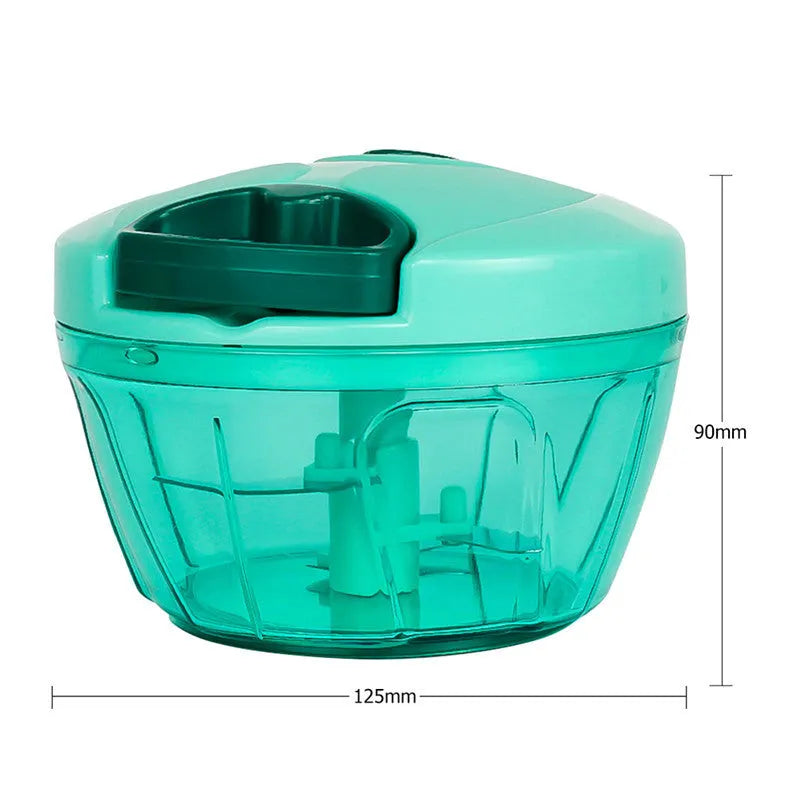 Green manual kitchen chopper with three stainless steel blades and a 500ml ABS container.