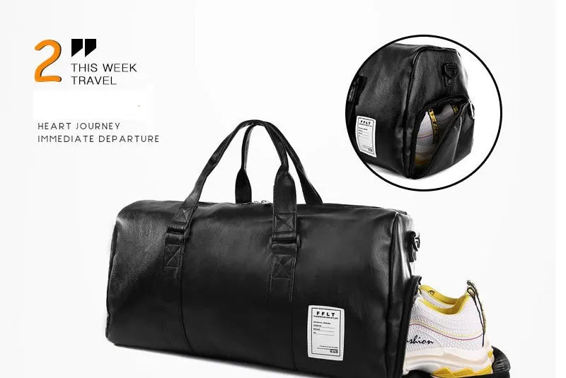 Black waterproof sports fitness bag with diagonal straps and separate internal shoe compartments.