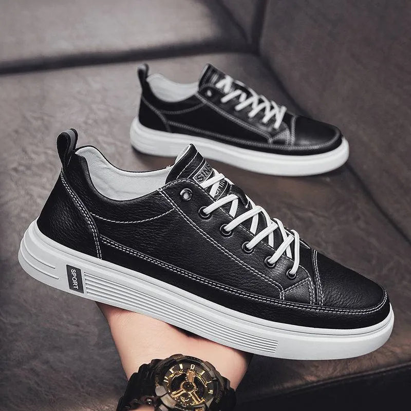 Men's white casual shoes with PU leather upper, round toe and shallow opening
