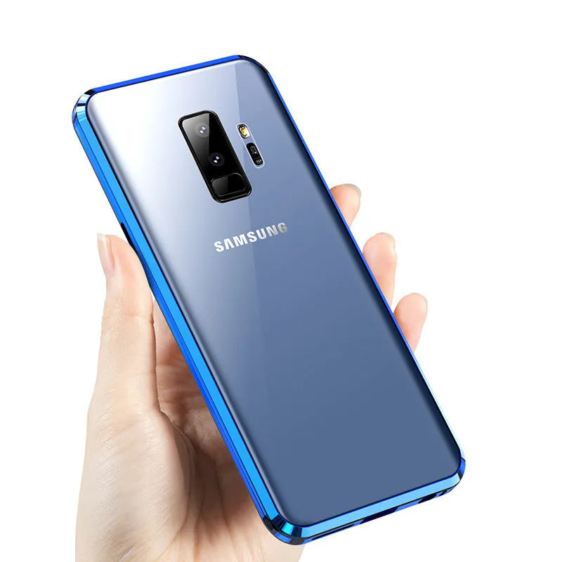 Black anti-peeping magnetic clamshell phone case for Samsung Galaxy smartphones showing closed position