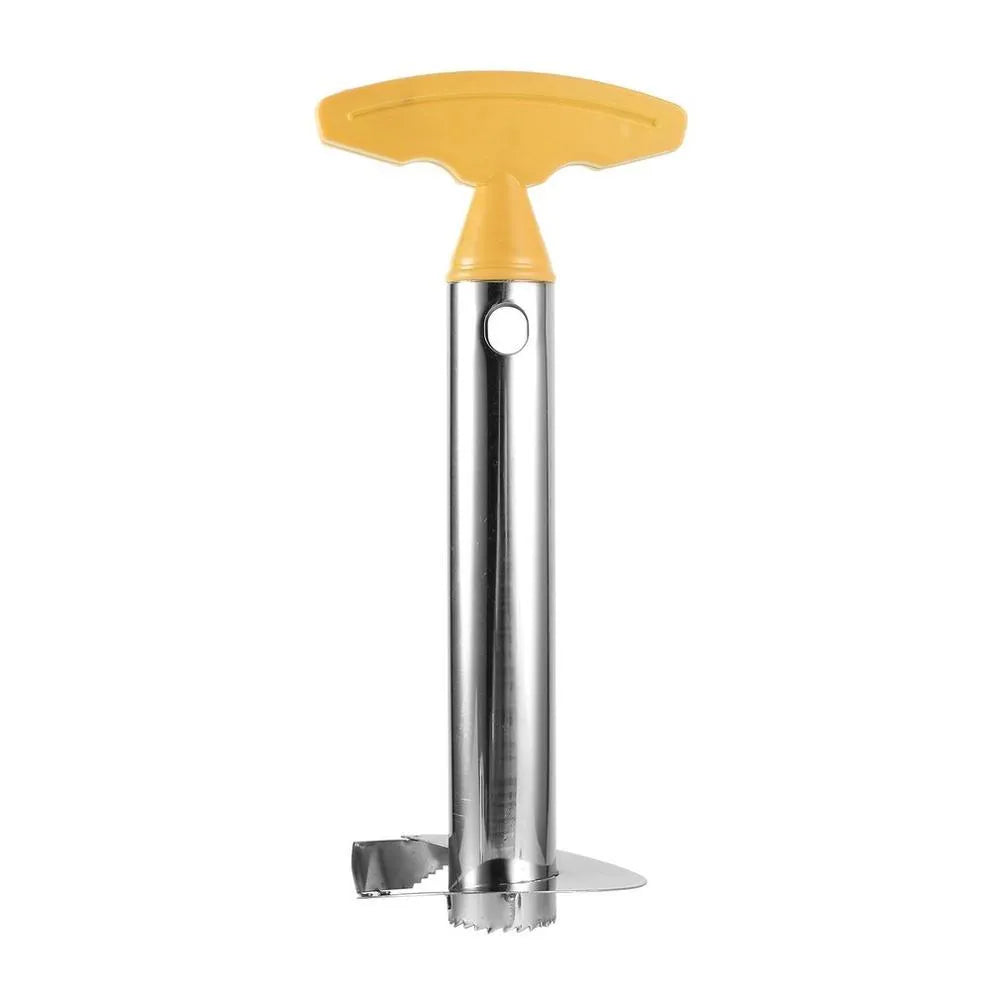 Stainless steel pineapple peeler with black handle and coring blade, 83.7 mm width, shown on white background