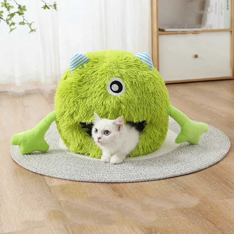 Fluffy round plush cat bed with non-slip base in small, medium, and large sizes.