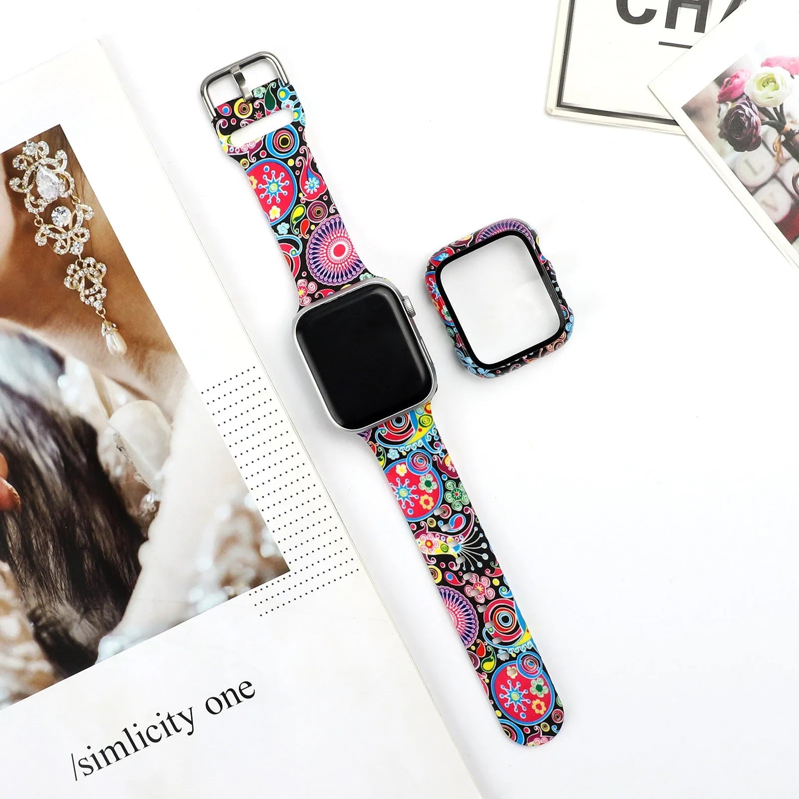 Printed silicone replacement strap for Apple Watch showing design options and 38mm 40mm 42mm 44mm size compatibility.
