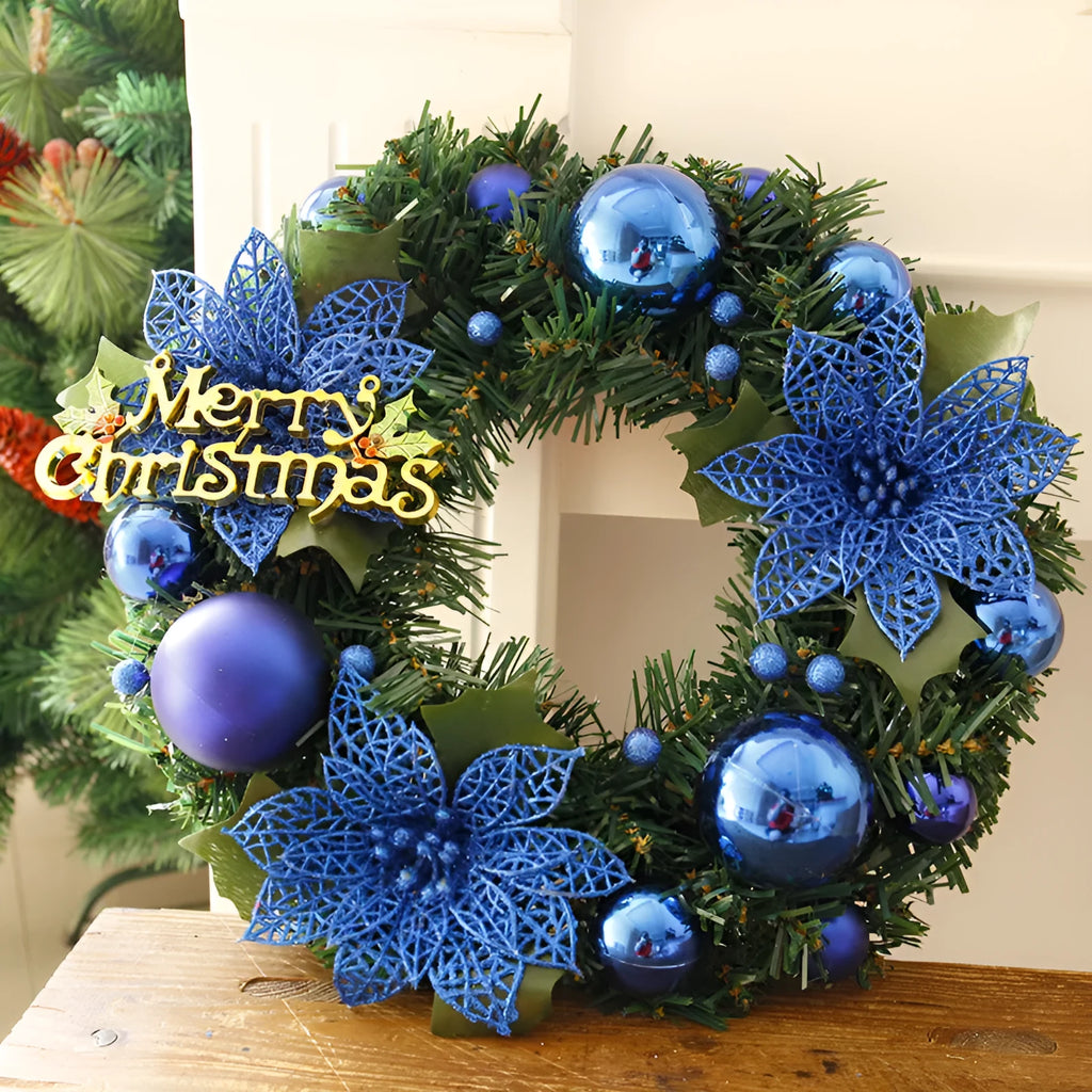 30cm multicolour plastic Christmas wreath hanging on door with blue, gold, pink, purple, red and silver colour options