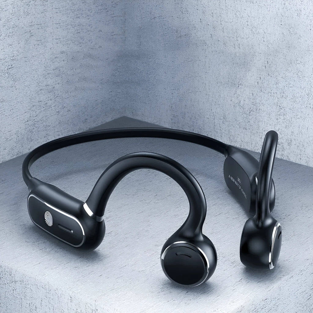 Black air conduction touch Bluetooth wireless earphone with titanium alloy frame in ear-hanging design