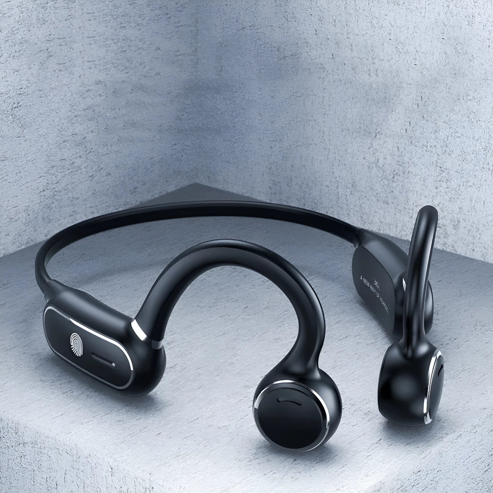 Black air conduction touch Bluetooth wireless earphone with titanium alloy frame in ear-hanging design