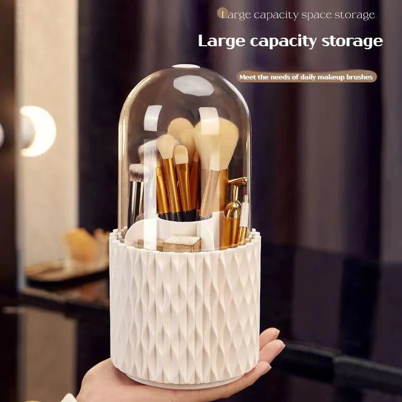 White acrylic rotating makeup brush storage box with transparent dust cover open