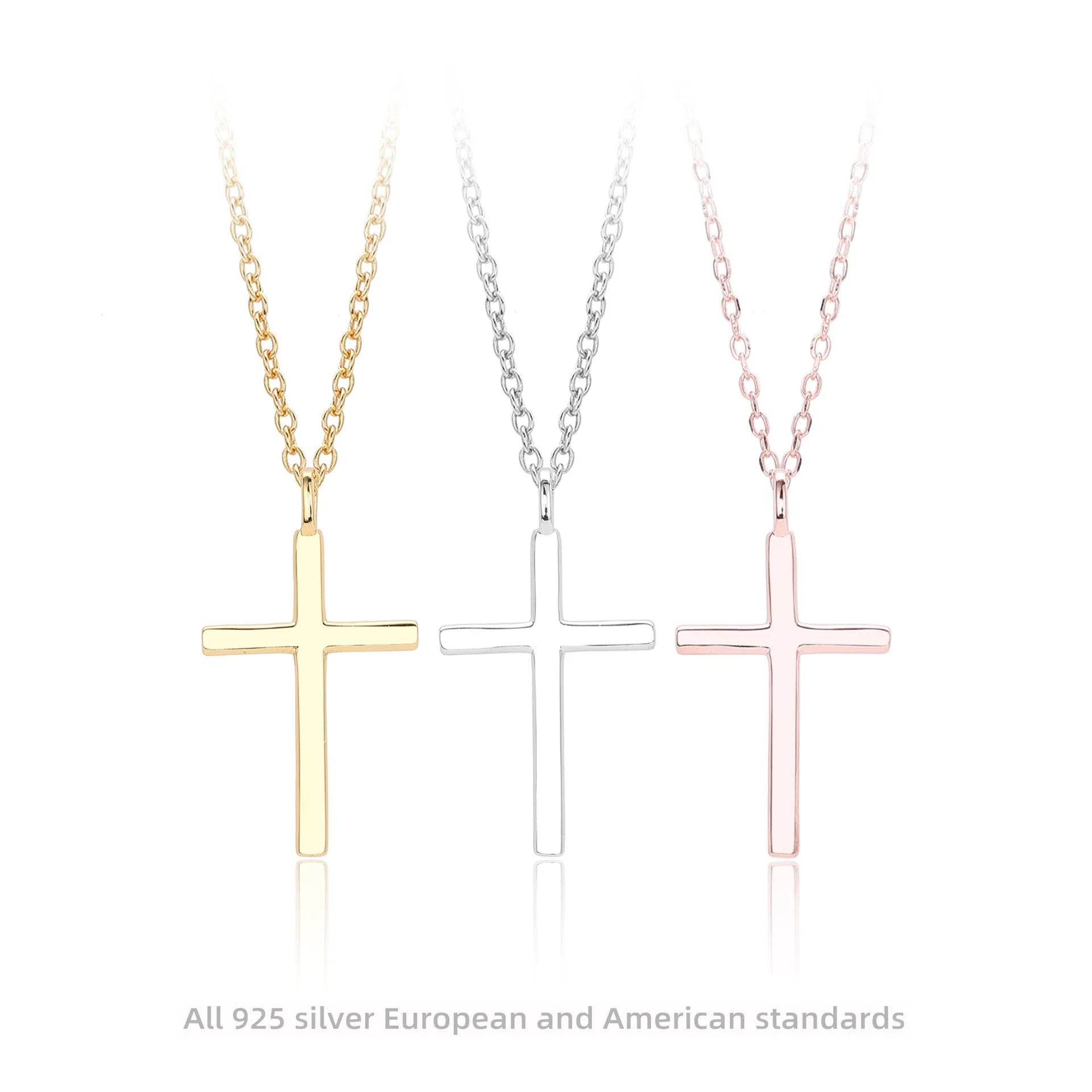 Sterling silver cross pendant necklace on an adjustable O-shaped chain, shown in gold plating.