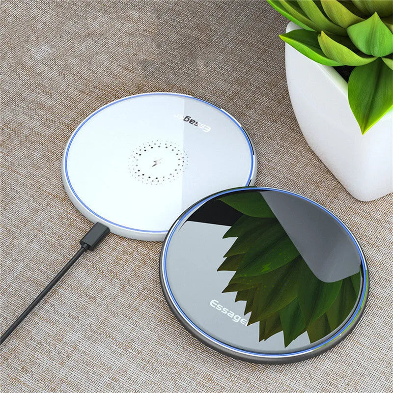 Black or white aluminium alloy 15W fast wireless charging pad on a desk