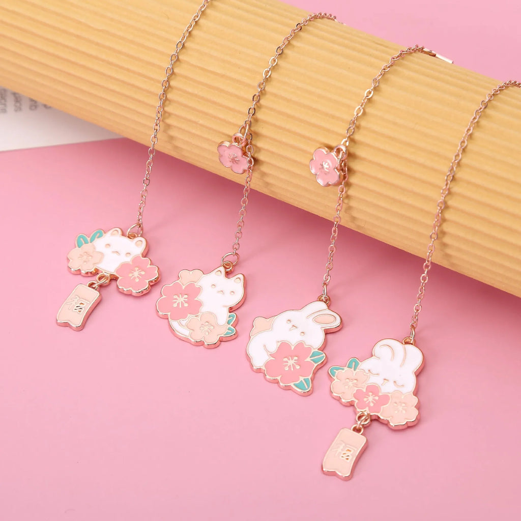 Metal pendant bookmark with cartoon cherry cat design for book marking