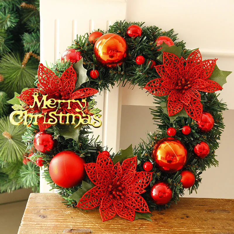 30cm multicolour plastic Christmas wreath hanging on door with blue, gold, pink, purple, red and silver colour options