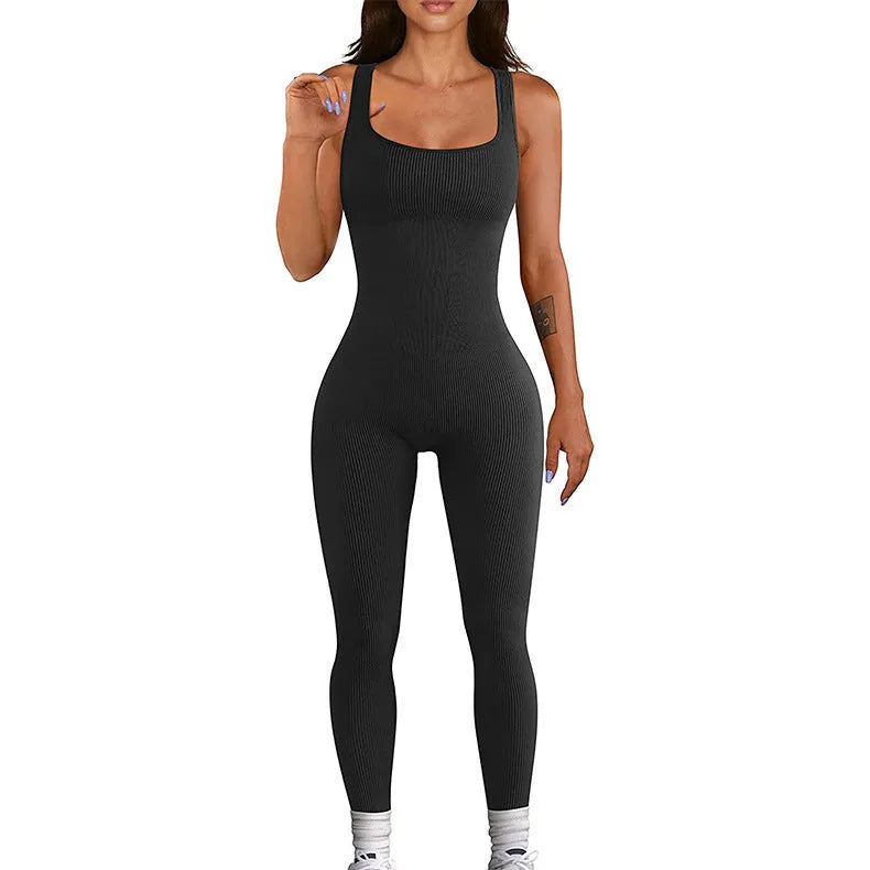 Women's beige suspender tank top tights with button detailing and long sleeves made from spandex fabric.