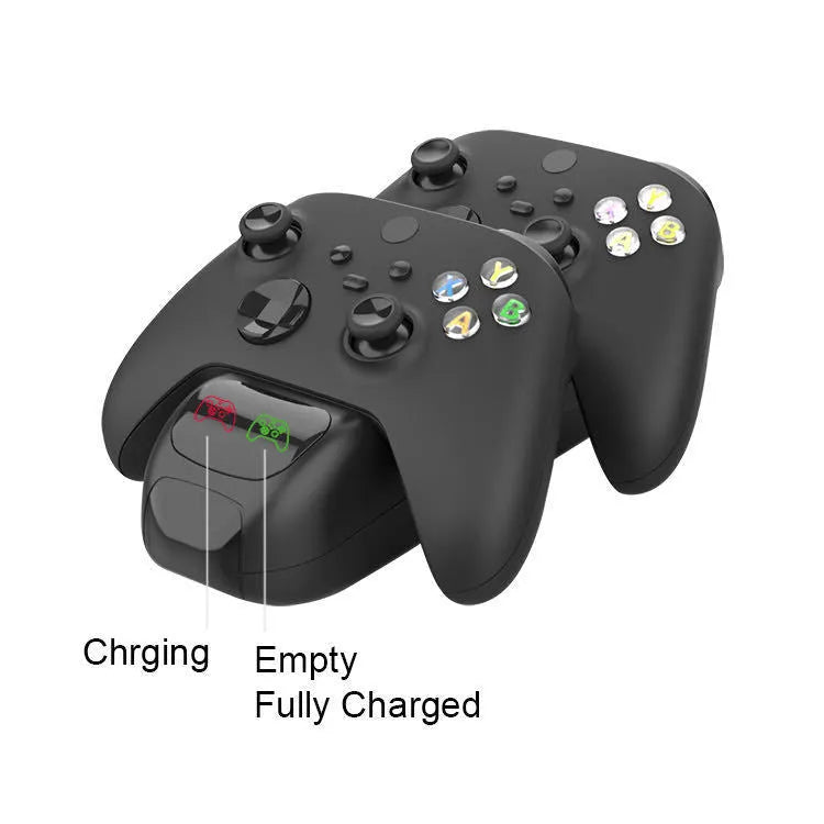 Black Xbox Series X wireless controller charging station showing two controllers docked with LED indicators visible