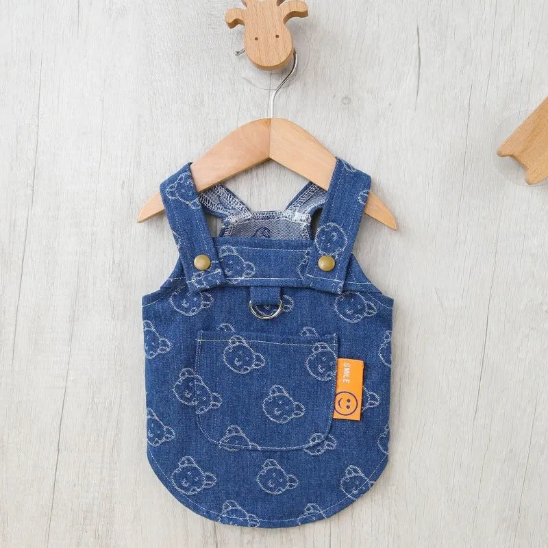 Denim princess dress for small dog on hanger showing bracket skirt style