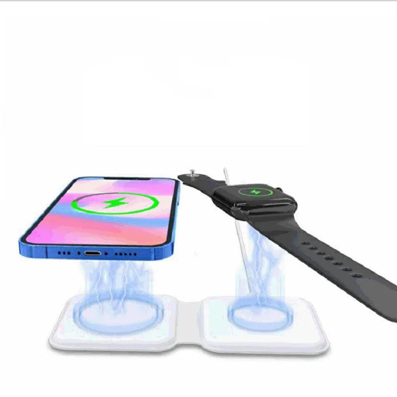 White foldable dual magnetic wireless charging dock showing 180° folding mechanism and Type-C port