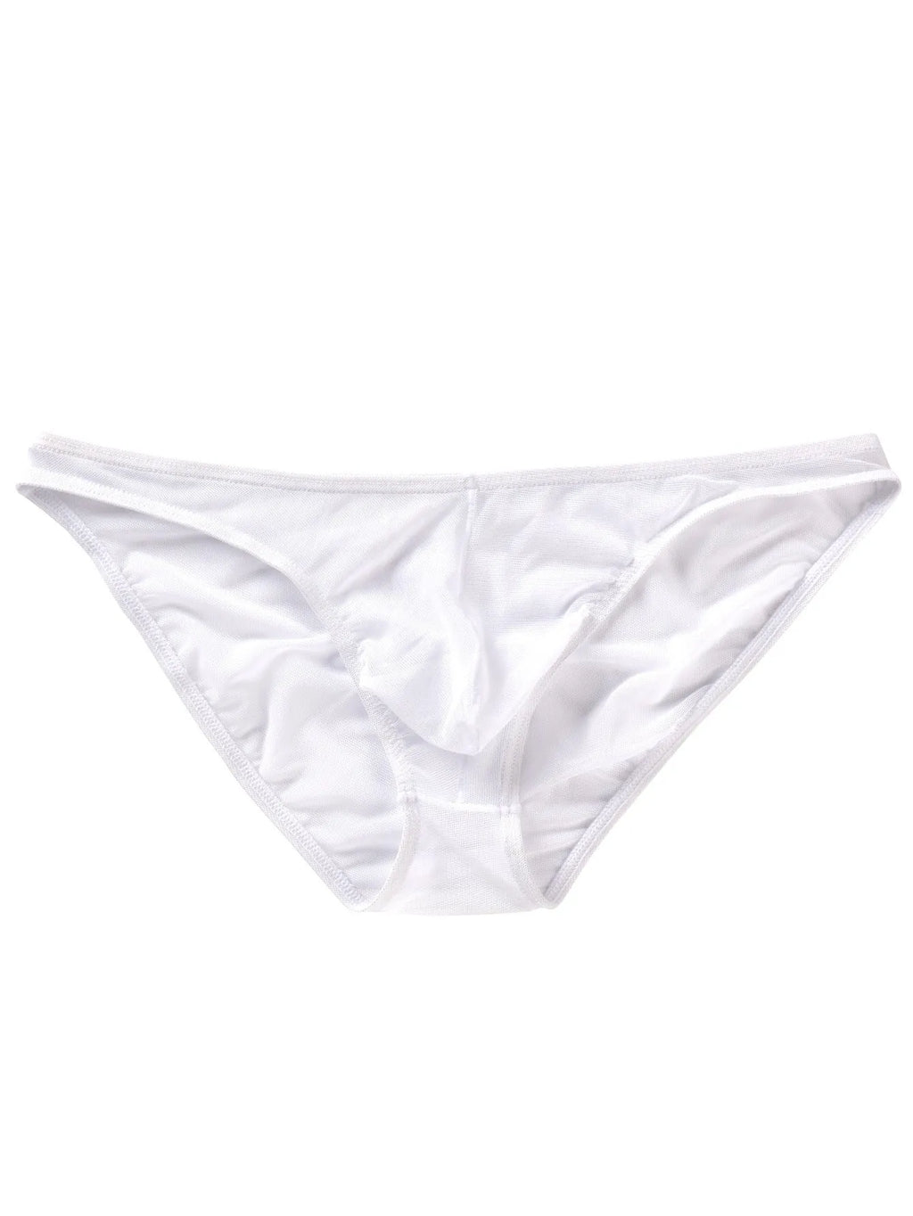 Men's black triangle mid waist nylon shorts laid flat, showing low waist briefs style.