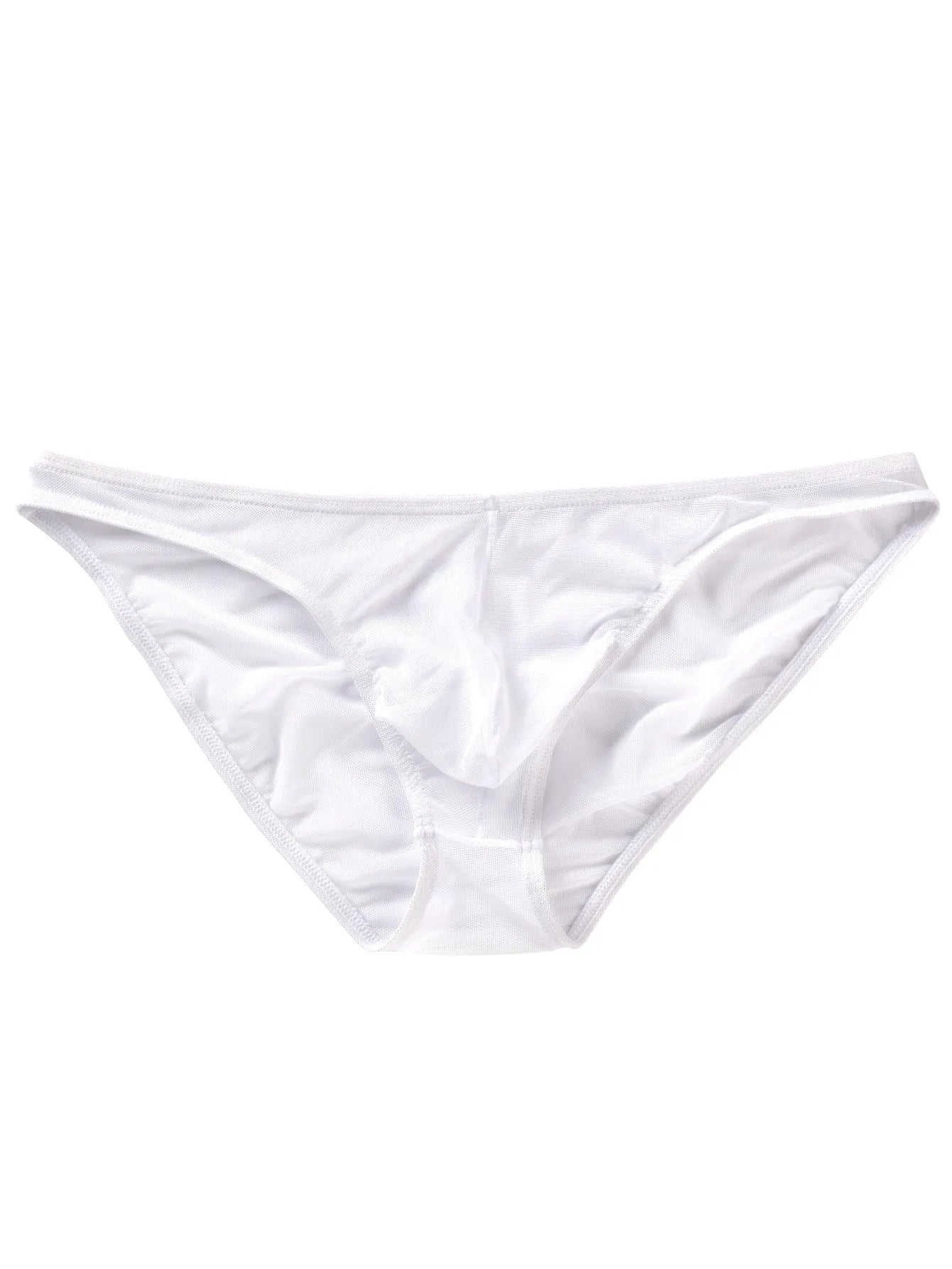 Men's black triangle mid waist nylon shorts laid flat, showing low waist briefs style.