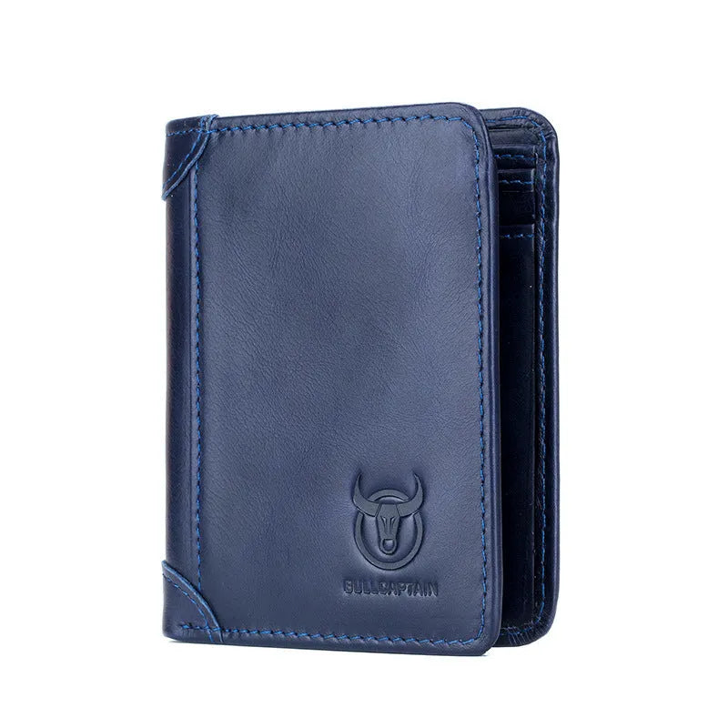 Men's brown leather casual wallet open showing card slots, bill holder and secret compartment.