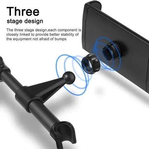 Black universal car phone and tablet holder mounted on a car rear seat base.