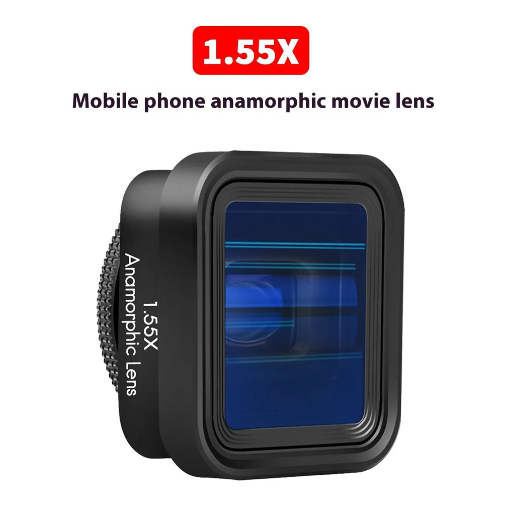 Black SANYK 1.33x anamorphic lens for mobile phones creating widescreen video.