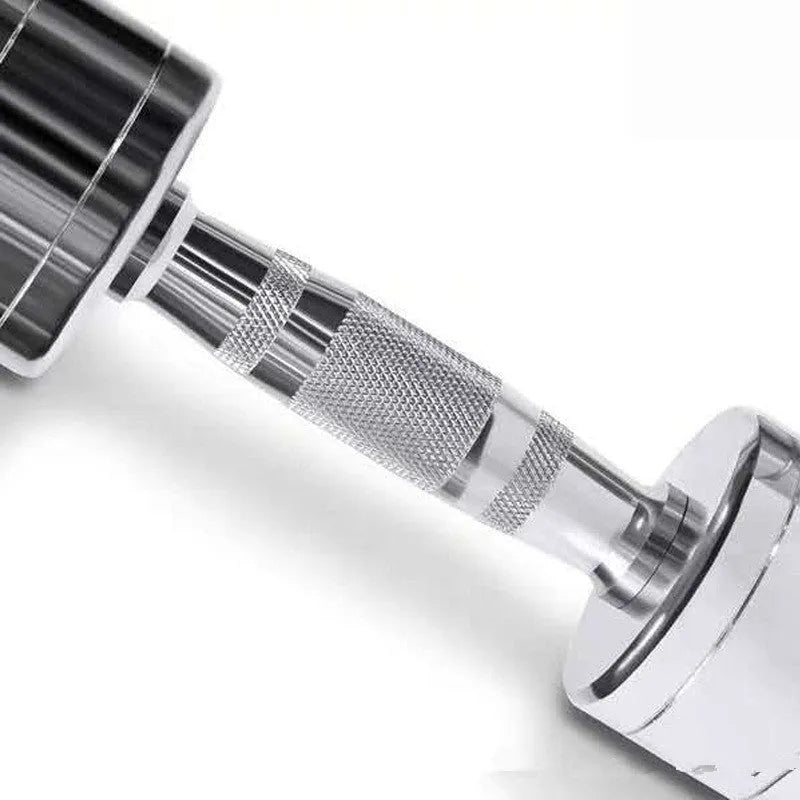 Silver pure steel electroplated dumbbell with ergonomic handle on a grey background.