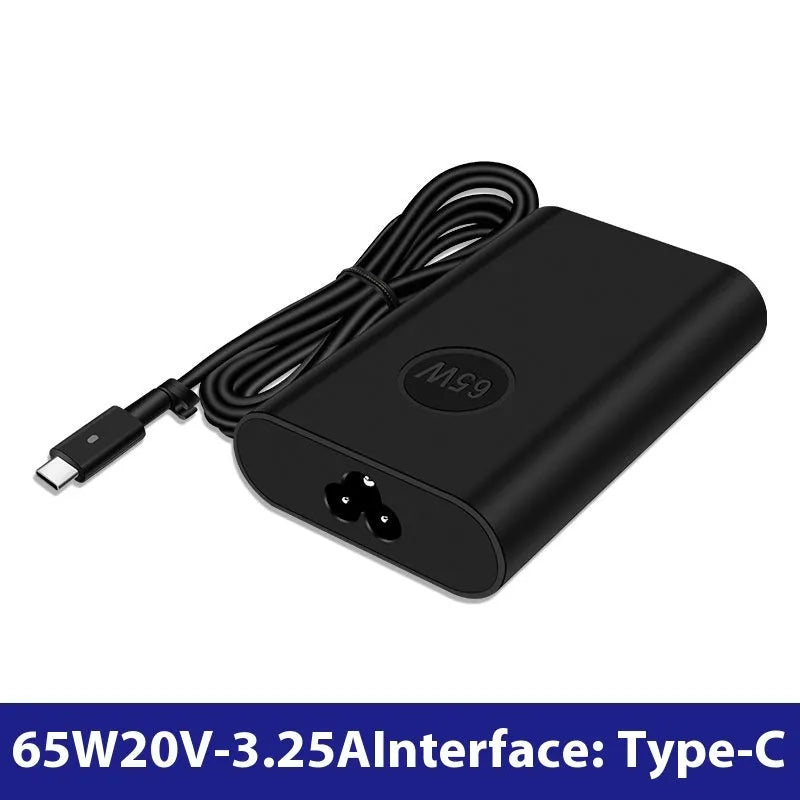Black oval 65W USB-C laptop power adapter with Type-C port and multiple international power cords