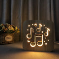 Pine wood USB-powered LED atmosphere lamp with warm white light, dimensions 19x19x3cm.