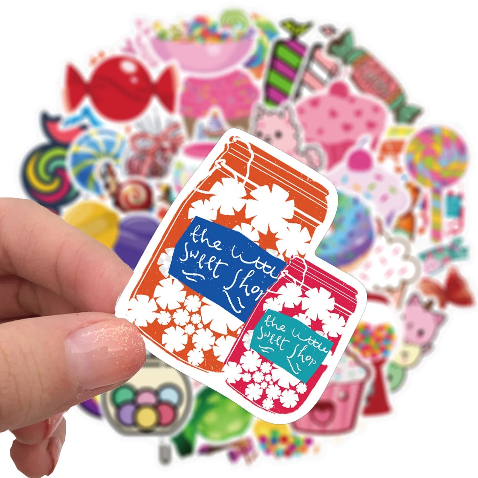 Pack of 50 colourful candy theme graffiti stickers, each measuring 4-6cm.