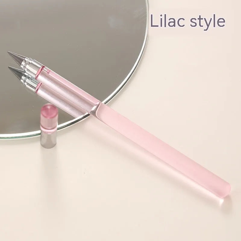 Clear acrylic eternal pencil with alloy pen head showing internal mechanism and colour refill options