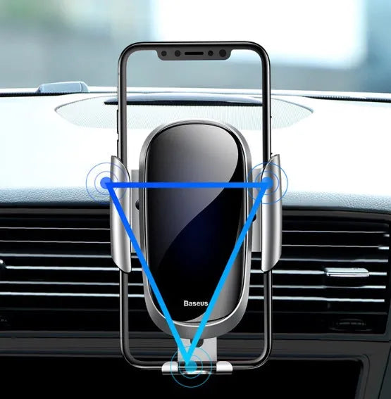 Universal smart car bracket phone holder in black, blue, and silvery colours with adjustable clamp.