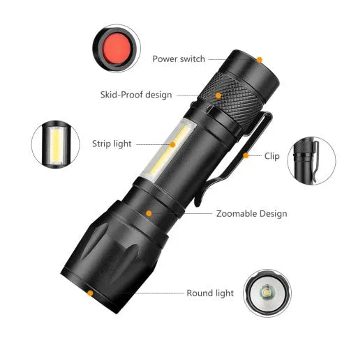 Black aluminium mini LED flashlight with telescopic zoom and belt clip showing three lighting modes