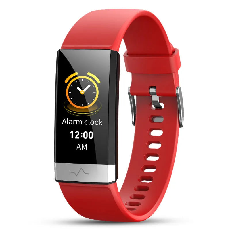 V19 smart health tracker bracelet with colour screen on a wrist, showing ECG graph.