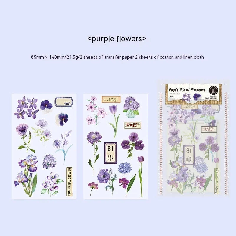 Huazhisen Series sticker material pack showing forest label designs on transfer paper and cotton linen sheets
