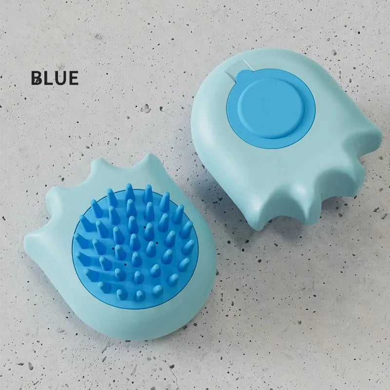 Plastic pet bath brush with built-in shampoo box measuring 9cm long