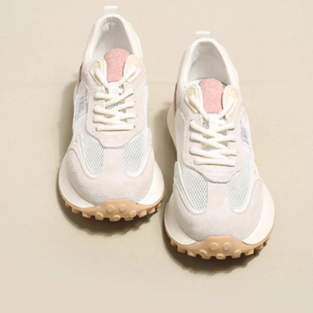 Women's grey and pink low-top retro sneakers with round toe and flat rubber sole