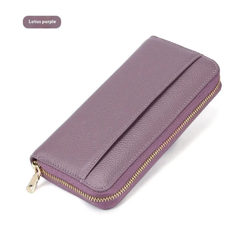 Genuine leather women's wallet showing interior organisation and anti-theft card protection features