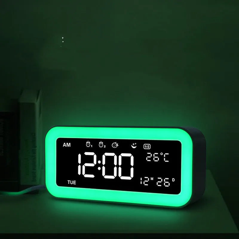 Rectangular blue LED alarm clock with quartz glass display and multicoloured atmosphere lighting functions