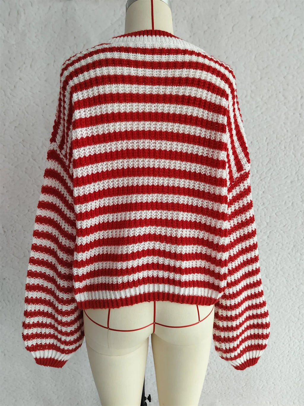 Women's striped loose fit pullover sweater in black, red, khaki, or green